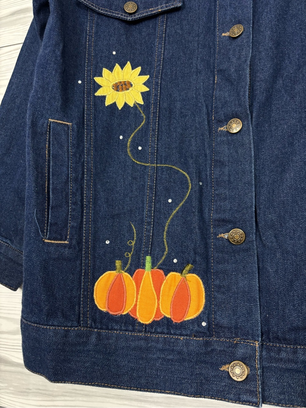 The Quacker Factory Fall Harvest Pumpkin Denim Jacket Size Small Halloween - Picture 6 of 10